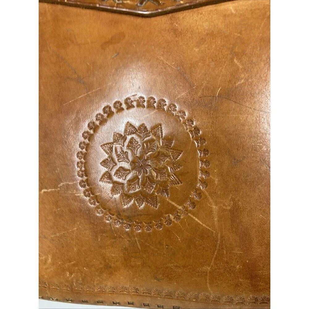 Vintage Leather Hand Tooled & Beaded Handbag Crossbody Tan Fringe Hippie Boho